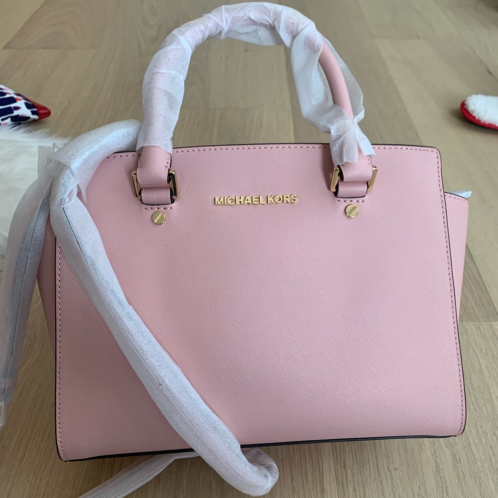 New Michael Kors Selma Medium Pastel Pink Leather Satchel